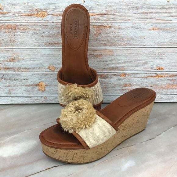 Coach Shoes - Coach Jazmin Wedge Sandals in Cream Canvas, Brown Leather & Cork